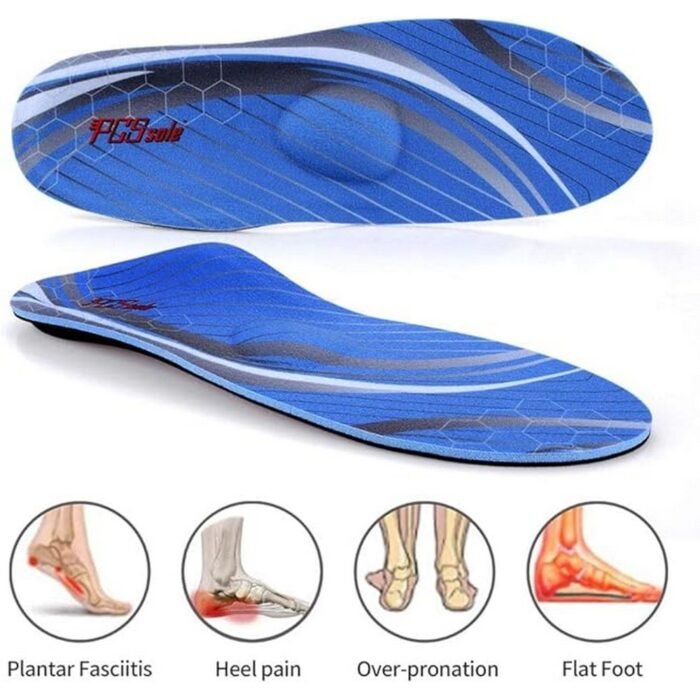 Foot pain caused by high arches-PCSsole, High arch Orthopedic Insole Blue, Discomfort from plantar fasciitis-PCSsole, High arch Orthopedic Insole Blue, Poor foot alignment and posture issues-PCSsole, High arch Orthopedic Insole Blue, Lack of cushioning during walking or sports-PCSsole, High arch Orthopedic Insole Blue