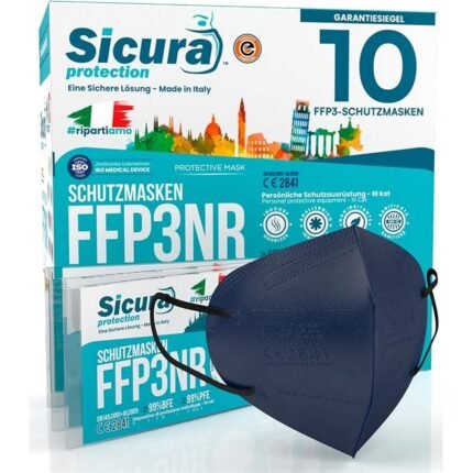 Provides superior filtration protection – 10 x CE-certified FFP3 masks, blue with black rubber bands, made in Italy with printed SICURA logo, PFE ≥99% BFE ≥99%, sanified, individually sealed, Ensures hygiene and safety with individual sealing – 10 x CE-certified FFP3 masks, blue with black rubber bands, made in Italy with printed SICURA logo, PFE ≥99% BFE ≥99%, sanified, individually sealed, Features comfortable fit and durable bands – 10 x CE-certified FFP3 masks, blue with black rubber bands, made in Italy with printed SICURA logo, PFE ≥99% BFE ≥99%, sanified, individually sealed, Complies with Italian manufacturing and quality standards – 10 x CE-certified FFP3 masks, blue with black rubber bands, made in Italy with printed SICURA logo, PFE ≥99% BFE ≥99%, sanified, individually sealed