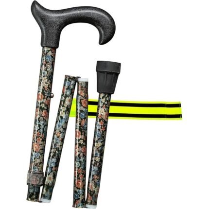 Gastrock Walking Stick Folding Stick 4-Piece Height Adjustable Folding Uni-Ergonomic Flowers Bouquet - Made of Aluminium with Ergonomic Derby Handle + Olanmarp Velcro Strap with Stripes