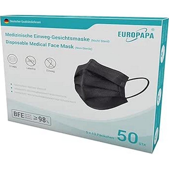 Medical protection – EUROPAPA Black Medical Type IIR Standard EN 14683 Certified CE Face Masks Surgical Masks 3-Ply Mouth Guard Face Mask Disposable Mask Mouth and Nose Protection Pack of 100, Fluid resistance – EUROPAPA Black Medical Type IIR Standard EN 14683 Certified CE Face Masks Surgical Masks 3-Ply Mouth Guard Face Mask Disposable Mask Mouth and Nose Protection Pack of 100, Comfortable fit – EUROPAPA Black Medical Type IIR Standard EN 14683 Certified CE Face Masks Surgical Masks 3-Ply Mouth Guard Face Mask Disposable Mask Mouth and Nose Protection Pack of 100, Stylish black color – EUROPAPA Black Medical Type IIR Standard EN 14683 Certified CE Face Masks Surgical Masks 3-Ply Mouth Guard Face Mask Disposable Mask Mouth and Nose Protection Pack of 100