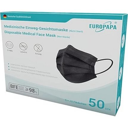Lacks clear pack size upfront – EUROPAPA® Schwarz Medizinisch Type IIR Norm EN14683 TÜV CE zertifizierte Mundschutzmasken OP Masken 3-lagig Mundschutz Gesichtsmaske Einwegmaske BFE ≥ 98% 1 Box 50 Stück, Missing color info in title, unclear certification details early, no mention of TÜV testing in short description, repetitive terminology – EUROPAPA® Schwarz Medizinisch Type IIR Norm EN14683 TÜV CE zertifizierte Mundschutzmasken OP Masken 3-lagig Mundschutz Gesichtsmaske Einwegmaske BFE ≥ 98% 1 Box 50 Stück, High filtration efficiency and certified protection – EUROPAPA® Schwarz Medizinisch Type IIR Norm EN14683 TÜV CE zertifizierte Mundschutzmasken OP Masken 3-lagig Mundschutz Gesichtsmaske Einwegmaske BFE ≥ 98% 1 Box 50 Stück, Comfortable for daily and medical use – EUROPAPA® Schwarz Medizinisch Type IIR Norm EN14683 TÜV CE zertifizierte Mundschutzmasken OP Masken 3-lagig Mundschutz Gesichtsmaske Einwegmaske BFE ≥ 98% 1 Box 50 Stück