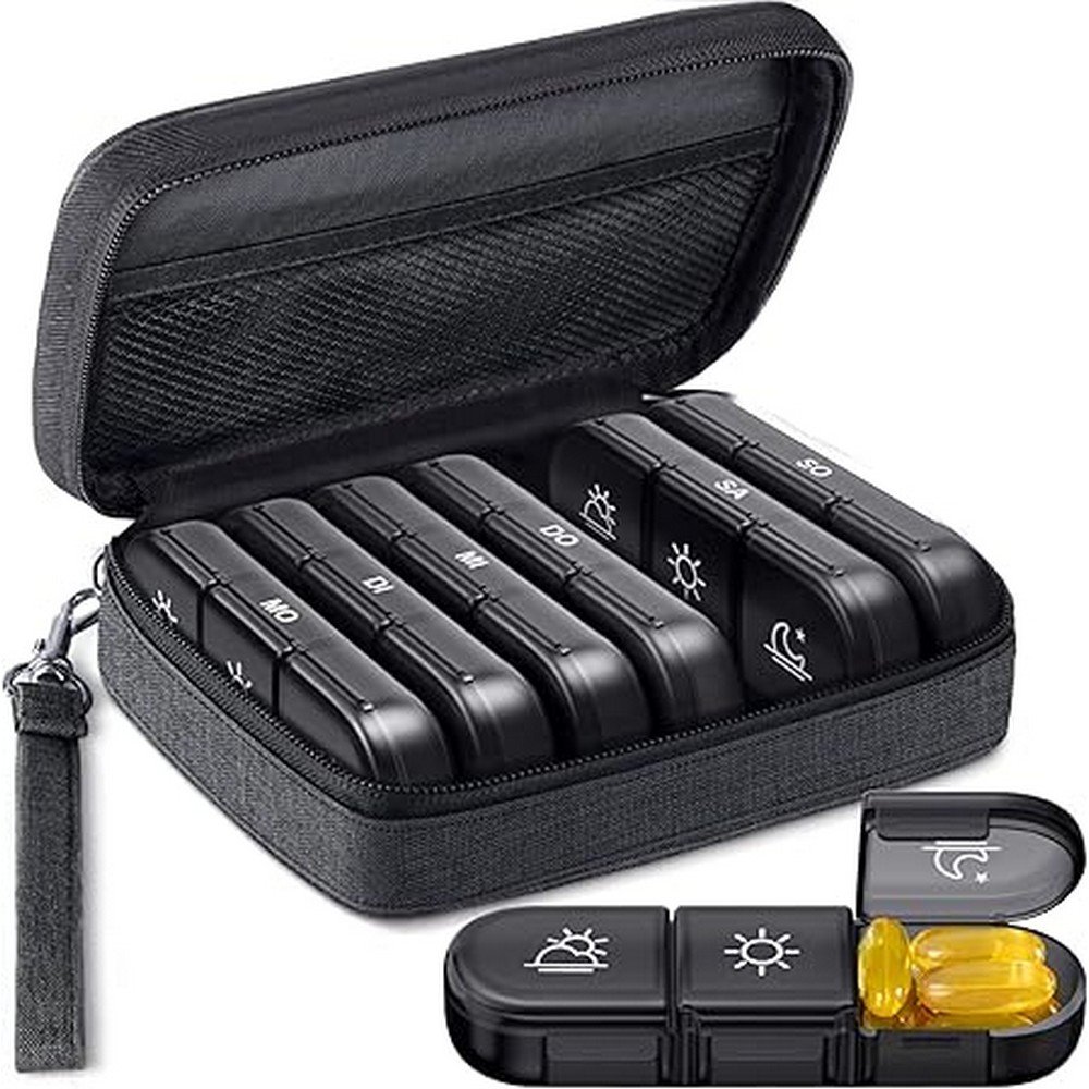 auvon pill box 7 days morning lunch evening canvas bag Weekly pill organizer with morning lunch evening compartments, BPA free, portable fabric bag for vitamins and supplements.