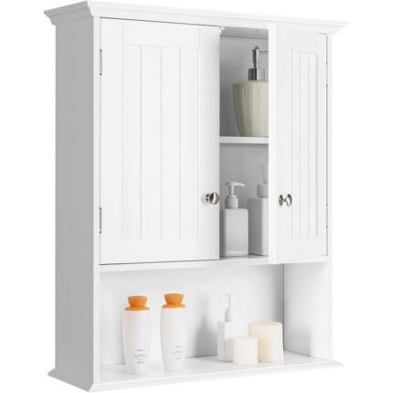 White wall cupboard for bathroom or kitchen with adjustable shelf and double doors.