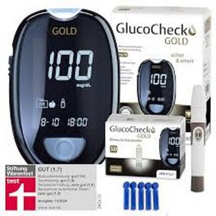 Accurate blood sugar monitoring - GlucoCheck Gold Blood Glucose Monitor Set (mg/dl) with 60 Blood Glucose Test Strips, 10 Lancets, 1 Lancing Device, 1 Case for Blood Sugar Self Control in Diabetes, Convenient daily testing - GlucoCheck Gold Blood Glucose Monitor Set (mg/dl) with 60 Blood Glucose Test Strips, 10 Lancets, 1 Lancing Device, 1 Case for Blood Sugar Self Control in Diabetes, Complete diabetes management kit - GlucoCheck Gold Blood Glucose Monitor Set (mg/dl) with 60 Blood Glucose Test Strips, 10 Lancets, 1 Lancing Device, 1 Case for Blood Sugar Self Control in Diabetes, Portable and organized storage - GlucoCheck Gold Blood Glucose Monitor Set (mg/dl) with 60 Blood Glucose Test Strips, 10 Lancets, 1 Lancing Device, 1 Case for Blood Sugar Self Control in Diabetes