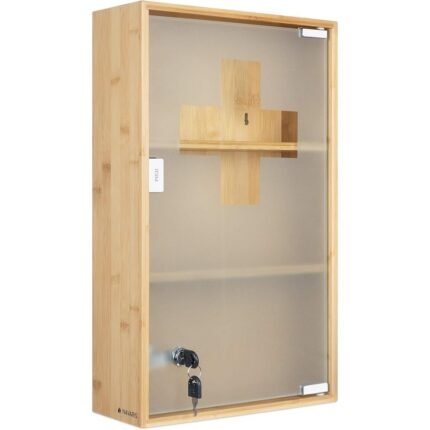 Lockable bamboo and glass medicine cabinet with key, child safe and functional.