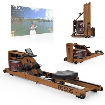 Provides full-body workout with water resistance – Neezee Water Rowing Machine for Home Foldable Rowing Machine Made of Solid Wood Rowing Machine with Bluetooth Display and Tablet Holder Max 200 kg Load Capacity Compatible with Kinomap App, Foldable solid wood design for space saving – Neezee Water Rowing Machine for Home Foldable Rowing Machine Made of Solid Wood Rowing Machine with Bluetooth Display and Tablet Holder Max 200 kg Load Capacity Compatible with Kinomap App, Bluetooth display and tablet holder for enhanced training – Neezee Water Rowing Machine for Home Foldable Rowing Machine Made of Solid Wood Rowing Machine with Bluetooth Display and Tablet Holder Max 200 kg Load Capacity Compatible with Kinomap App, High load capacity suitable for diverse users – Neezee Water Rowing Machine for Home Foldable Rowing Machine Made of Solid Wood Rowing Machine with Bluetooth Display and Tablet Holder Max 200 kg Load Capacity Compatible with Kinomap App