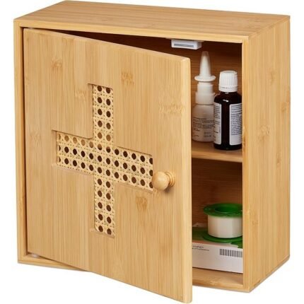 Store and organize medicines naturally with this Relaxdays bamboo standing cabinet.