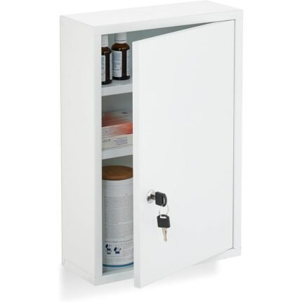 Compact lockable white steel medicine cabinet with 3 compartments.