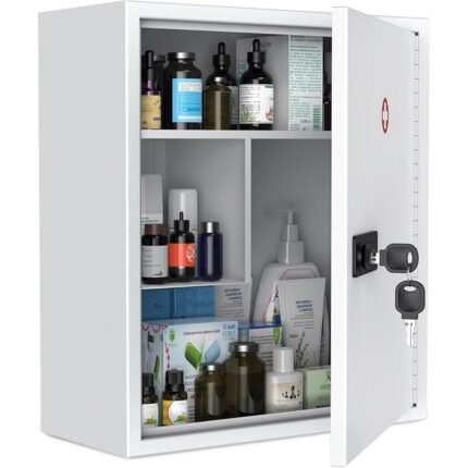 Organize and secure medicines and first aid supplies with this Uniclife lockable wall cabinet.