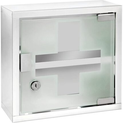 Compact lockable stainless steel medicine chest in shiny silver finish.