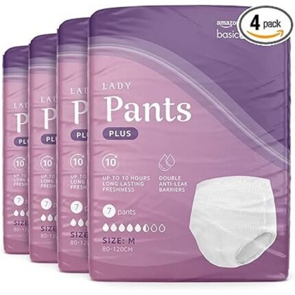 Prevents leaks-Amazon Basic Care Lady Pants Plus Medium 4-pack of 7 pieces, Controls odours-Amazon Basic Care Lady Pants Plus Medium 4-pack of 7 pieces, Ensures comfort-Amazon Basic Care Lady Pants Plus Medium 4-pack of 7 pieces, Provides discreet wear-Amazon Basic Care Lady Pants Plus Medium 4-pack of 7 pieces