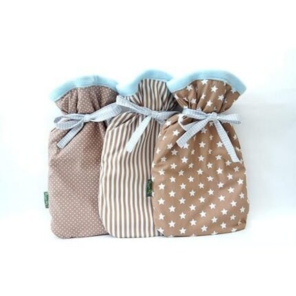 Handmade beige hot water bottle cover with dots, stripes, or stars, soft, protective, washable, fits standard hot water bottles.