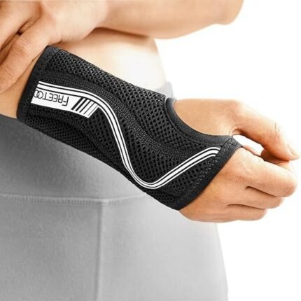 Lightweight wrist splint with S-shaped support for carpal tunnel, breathable and adjustable, relieves tendonitis, arthritis, sprains.
