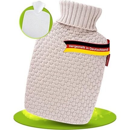 Large 1.8L thermoplastic hot water bottle with soft washable knitted organic cotton cover, leak-proof, odourless, and sustainable warmth for pain relief.