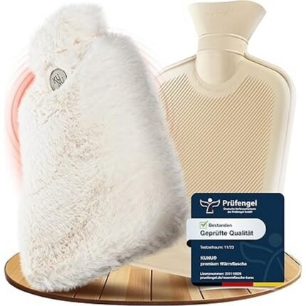 Compact 1L hot water bottle with fluffy extra cover, leak-proof tested design, safe heat therapy for adults and children.