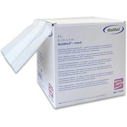 Elastic emergency bandage 8 cm x 5 m, soft, breathable, and durable, ideal for rapid wound care and dressing fixation.