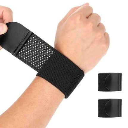 Breathable elastic wrist supports, pack of 2, adjustable for tennis, sports, and fitness.