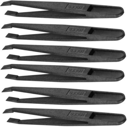 Anti-static black plastic tweezers 4.7 inches, slant flat tip, 6 pack, ideal for electronics, crafts, jewelry, and precise work.